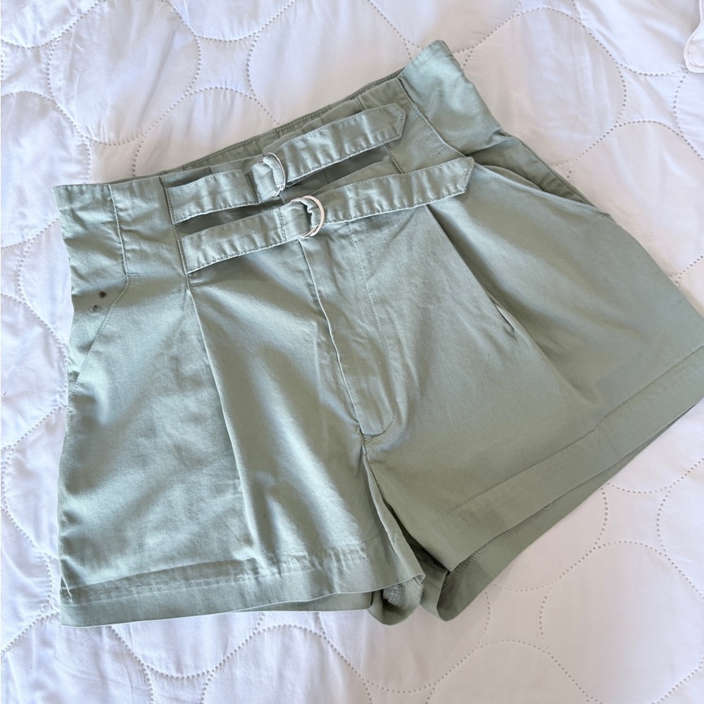 H&M Light Sage Green High-Waist Double-Belt Shorts